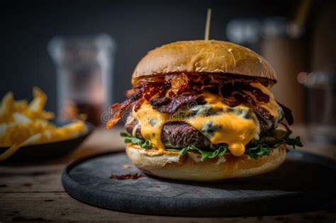 Juicy Burger With Melted Cheese And Crispy Bacon Generative Ai Stock