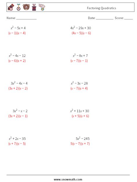 Factoring Quadratics Math Worksheets 4math Worksheets Math Practice