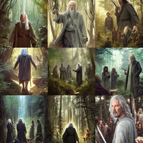 Keanu Reeves As Gandalf Surrounded By Hobbits In The Stable Diffusion