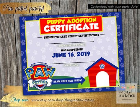 Paw Patrol Party Puppy Adoption Certificate Paw Patrol Etsy