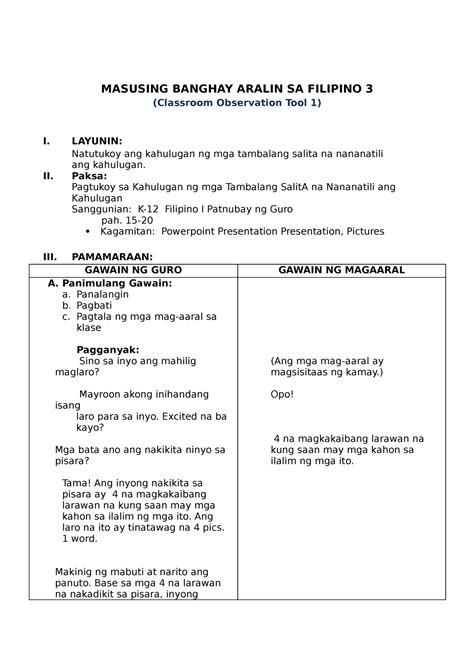 Lesson Plan In Science Cot 1 Masusing Banghay Aralin Sa Filipino 3 Classroom Observation Tool