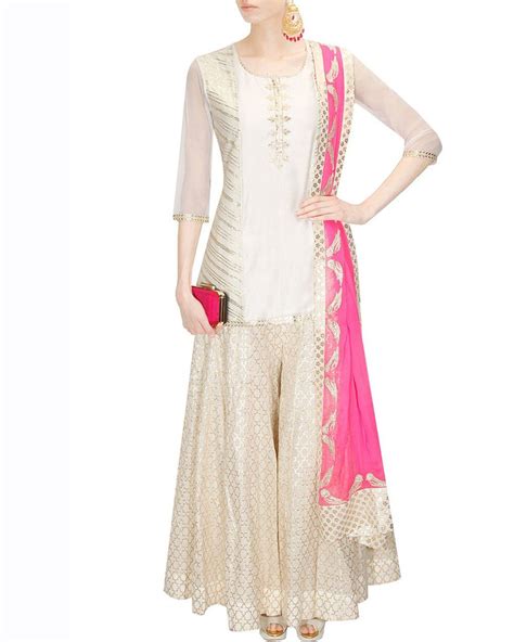 White Color Ivory Chanderi Sharara Suit Indian Designer Outfits