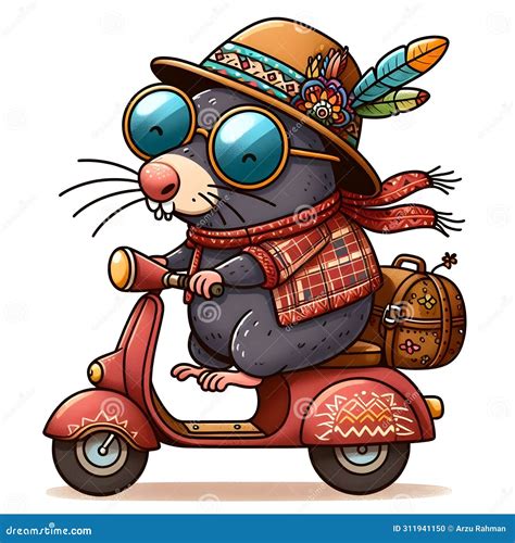 Cartoon Mole With Sunglasses Riding Scooter Stock Illustration