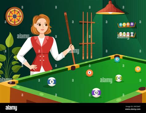 Billiards Game Illustration With Player Pool Room With Stick Table And