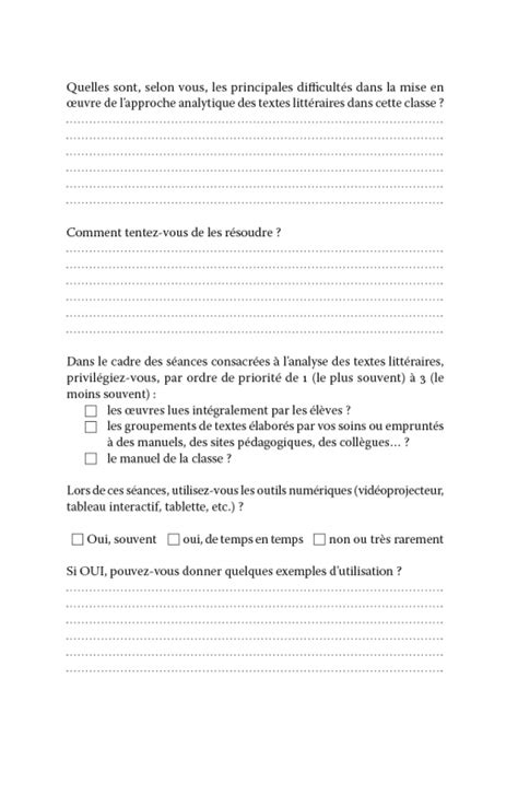 Analyser des textes littéraires du collège au lycée Questionnaire