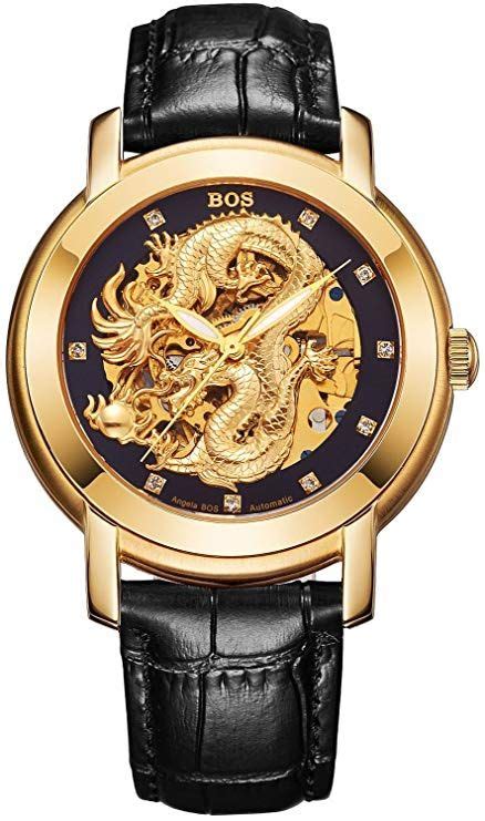 Men S Luxury Carved Dial Automatic Mechanical Calfskin Waterproof Gold