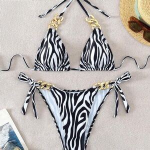 Rebellious Rose Swim Women Summer Beach Zebra Print Halter Tied Sexy Bikini Swimwear Set