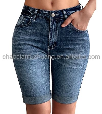 Women S Ripped Denim Destroyed Mid Rise Stretchy Bermuda Shorts Jeans