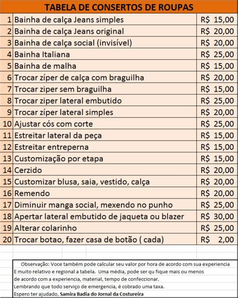 Tabela De Pre Os Consertos X Confec O No Es De Costura Confec Es