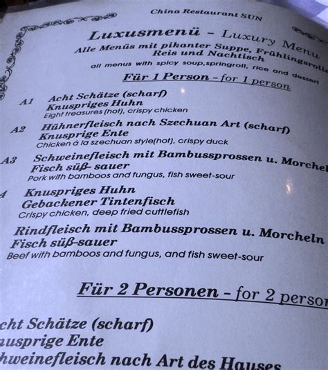 Auszug Aus Der Speisekarte China Restaurant Sun Wien