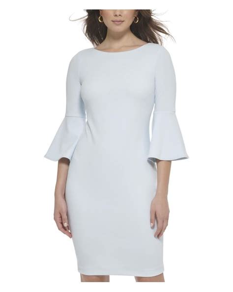 Calvin Klein Scuba Crepe Sheath Dress With Bell Sleeve In Blue Lyst