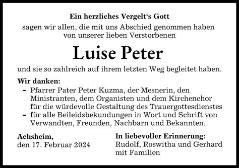 Traueranzeigen Von Luise Peter Augsburger Allgemeine Zeitung