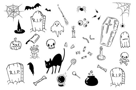 Halloween Doodle Icon Set Ghosts Black Cat Bats Eyes 316031