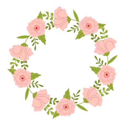 Vector Wreath With Leaves And Pink Flowers Floral Frame For Wedding Or