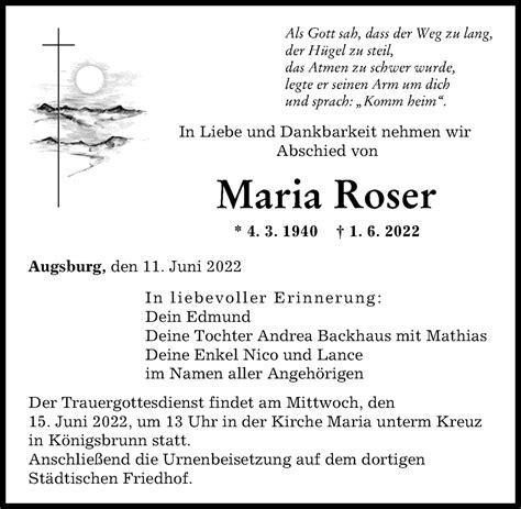 Traueranzeigen Von Maria Roser Allg Uer Zeitung