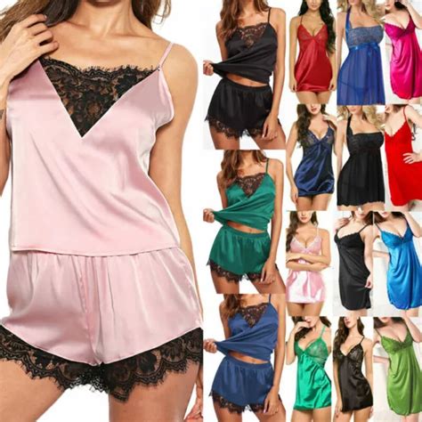 FEMMES SATIN SOIE Dentelle Caraco Short Lingerie Pyjama Ensemble Pyjama