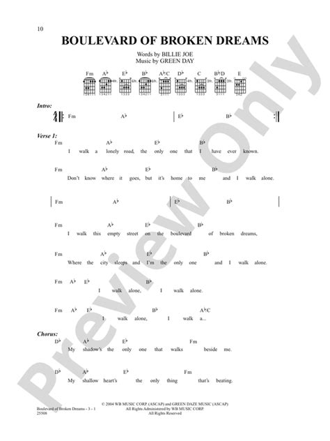 Boulevard Of Broken Dreams Guitar Green Day Digital Sheet Music