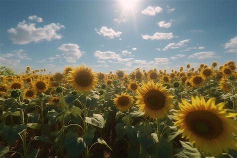 Premium Photo A Sunflower Field With A Bright Blue Sky And Fluffy