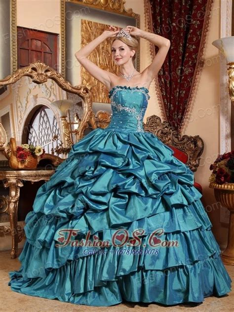 Popular Teal Quinceanera Dress Strapless Taffeta Appliques And Pick Ups