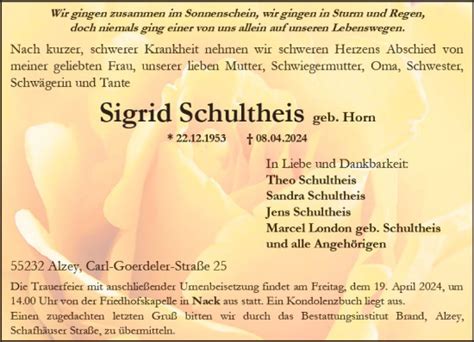 Traueranzeigen Von Sigrid Schultheis Vrm Trauer De