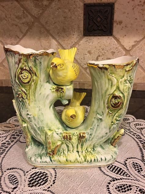 Vintage Ucagco Japan Dual Sided Vase Green W Yellow Bird And Gold