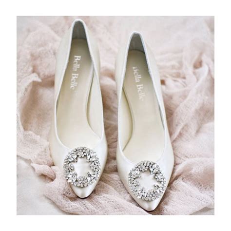 Wedding Shoes Low Heels With Vintage Oval Crystal Rhinestone Brooches Ivory Or White Bridal ...