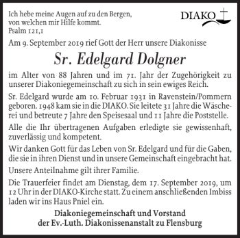 Traueranzeigen Von Sr Edelgard Dolgner Sh Z Trauer