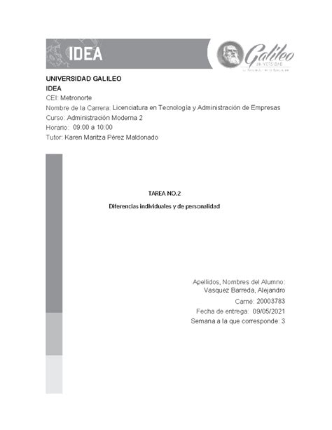 Tarea Universidad Galileo Idea Cei Metronorte Nombre De La Carrera