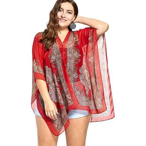 Wipalo Plus Size Printed Beaded Plus Size Chiffon Poncho Top Fashion