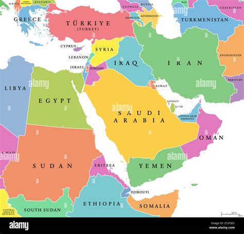 Middle East Colored Countries Political Map With International