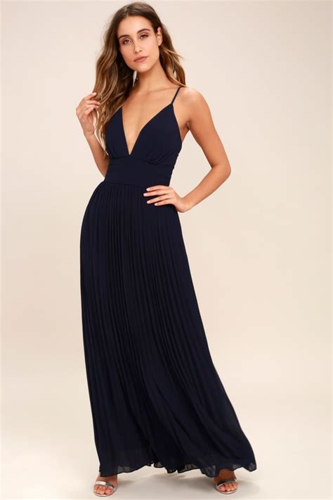 Stunning Navy Blue Dress Pleated Maxi Dress Blue Gown Lulus