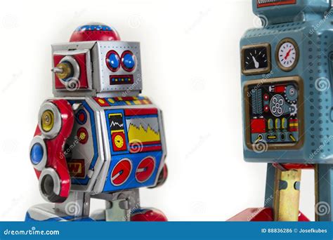 Two Vintage Tin Toy Robots Isolated On White Background Stock Photo - Image of humor, antique ...