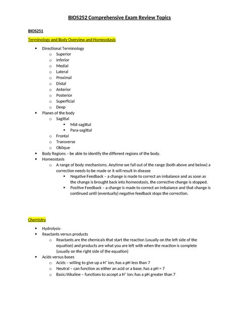 Bios252 Comprehensive Exam Review Guide Bios Terminology And Body