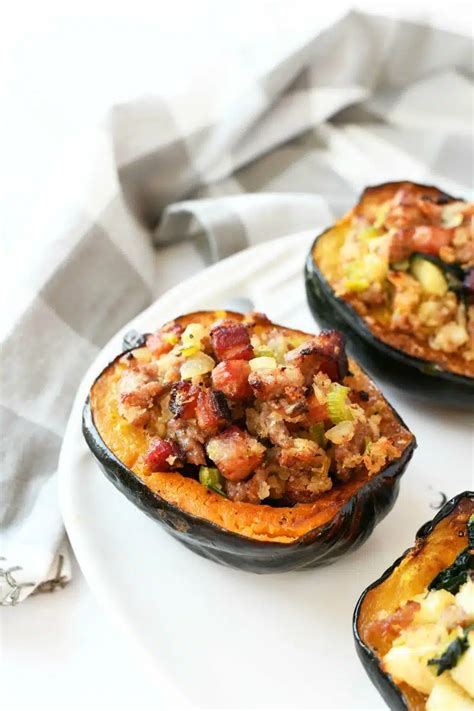 Baked Acorn Squash With Bacon Sausage Savvy Saving Couple