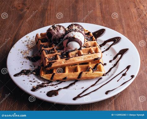 Belgian Waffles With Ice Cream And Coffee 3 Stock Image Image Of Food