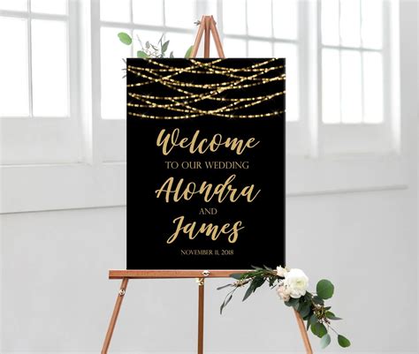 Wedding Welcome Sign Printable Black With Gold String Lights Etsy