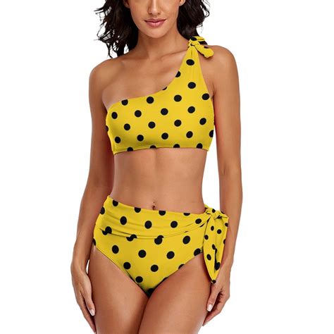 Retro Polka Dots Bikini Set Black And Yellow Bikini Swimsuit Sexy High