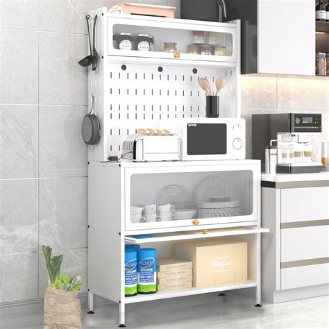 Kitchen Cabinet Storage, Microwave Stand with Flip Door and Pegboard ...