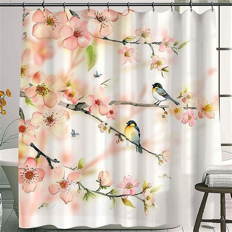 Watercolor Floral Bird Paradise Shower Curtain Peach Blossoms Cherry