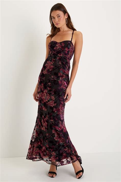 Black Floral Velvet Dress Mermaid Maxi Dress Backless Dress Lulus