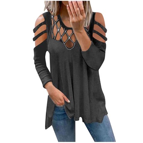 Olyvenn Long Sleeve Cutout Shoulder Shirts Hollowed Out Crew Neck