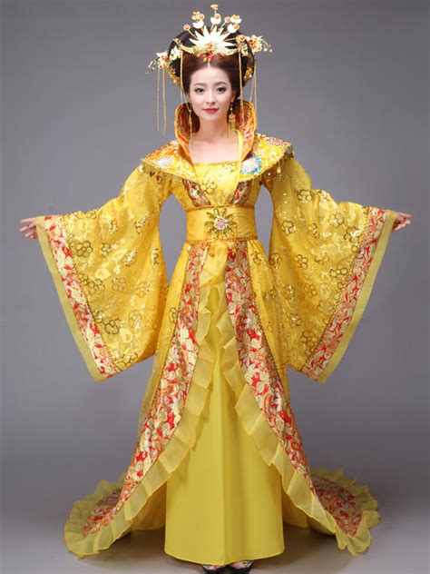 Women Chinese Costume Halloween Ancient Empress Yellow Sequined Fancy