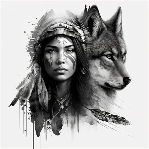 Native American Girl And Wolf Tattoo Design White Background Png File