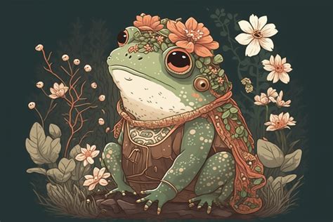 Cute Frog With Flowers Illustration 2 Graphic By 1xMerch Creative