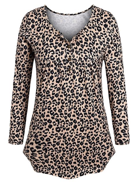 Lilylll Womens Floral And Leopard Print Long Sleeve Button Closure Tunic