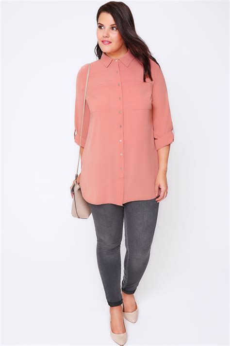 Dusky Pink Button Up Crepe Shirt With Pockets And Split Side Hem Plus