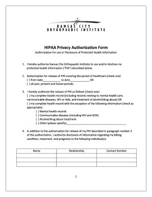 Fillable Online BHIPAA Privacy Authorization Formb Kansas City