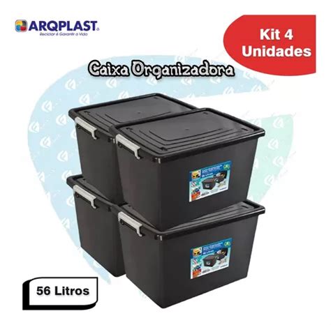 Kit 4 Caixa Organizadora Multiuso 56 Litros C Tampa Preta