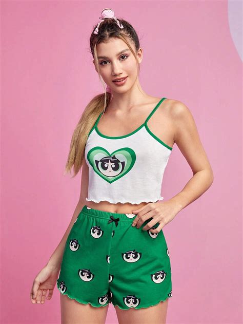 The Powerpuff Girls Romwe Cartoon Graphic Lettuce Trim Contrast