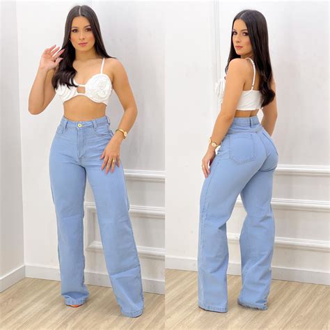 Calca Wide Leg Jeans Feminina Calca Pantalona Cintura Alta Tecido